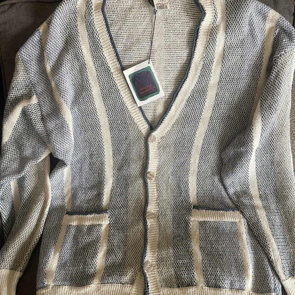 Vintage Men's Striped V-Neck Cardigan Sweater - Cream and Gray